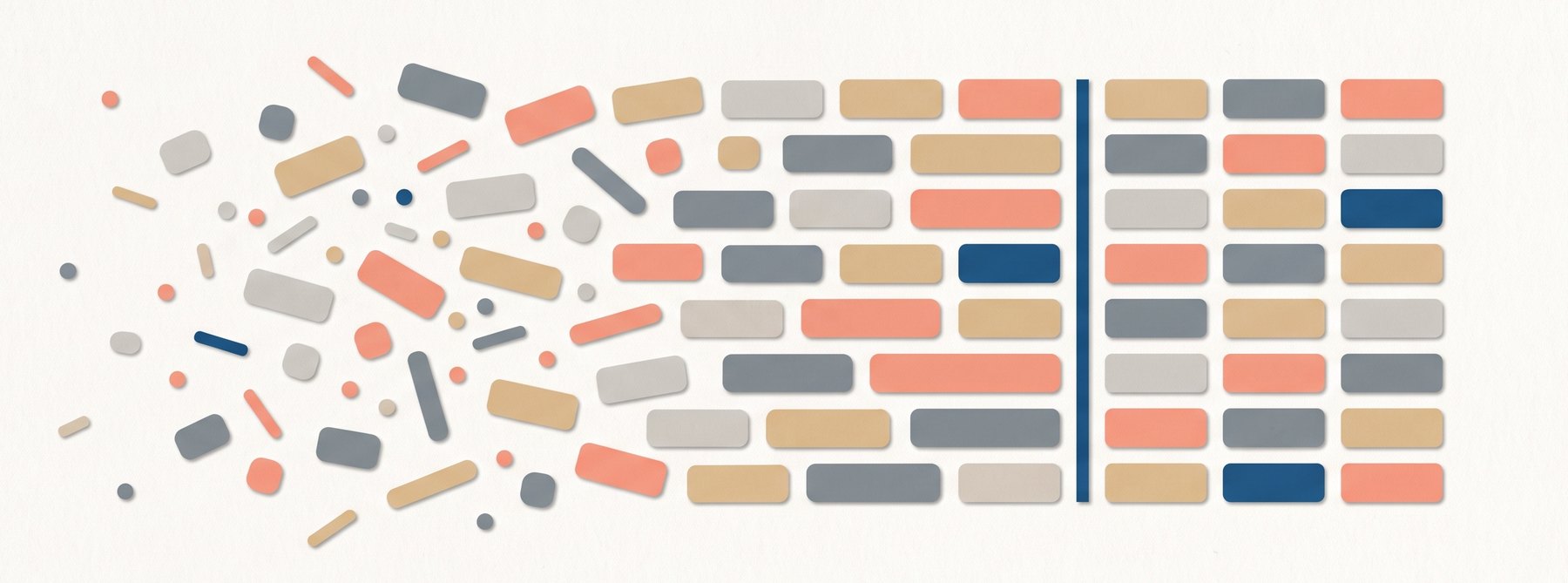 Scattered fragments on the left settling into neat ordered rows on the right.