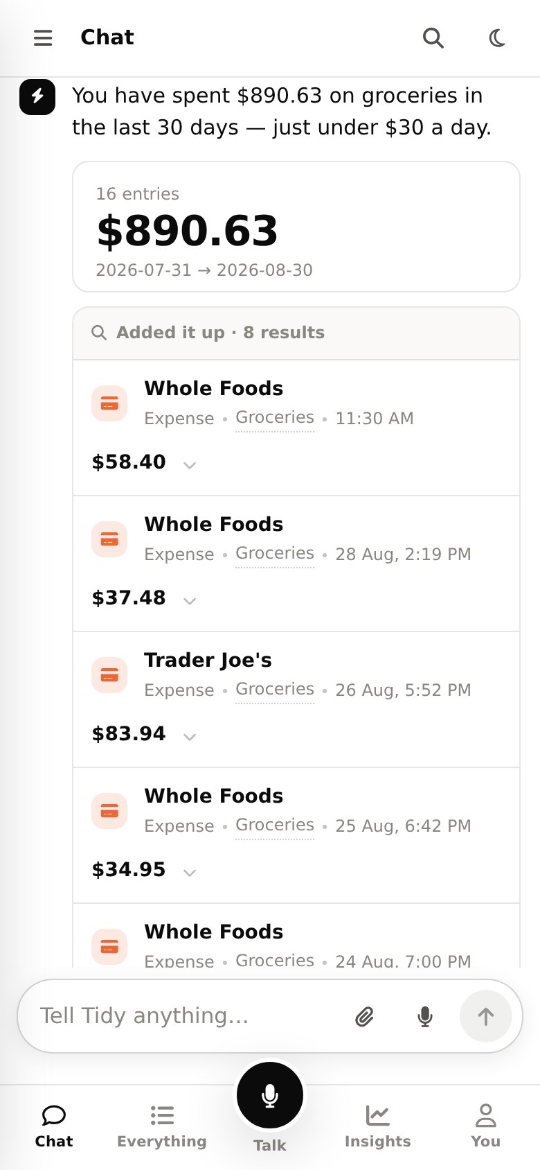 Tidy answering how much was spent on groceries, with the total and the rows behind it.