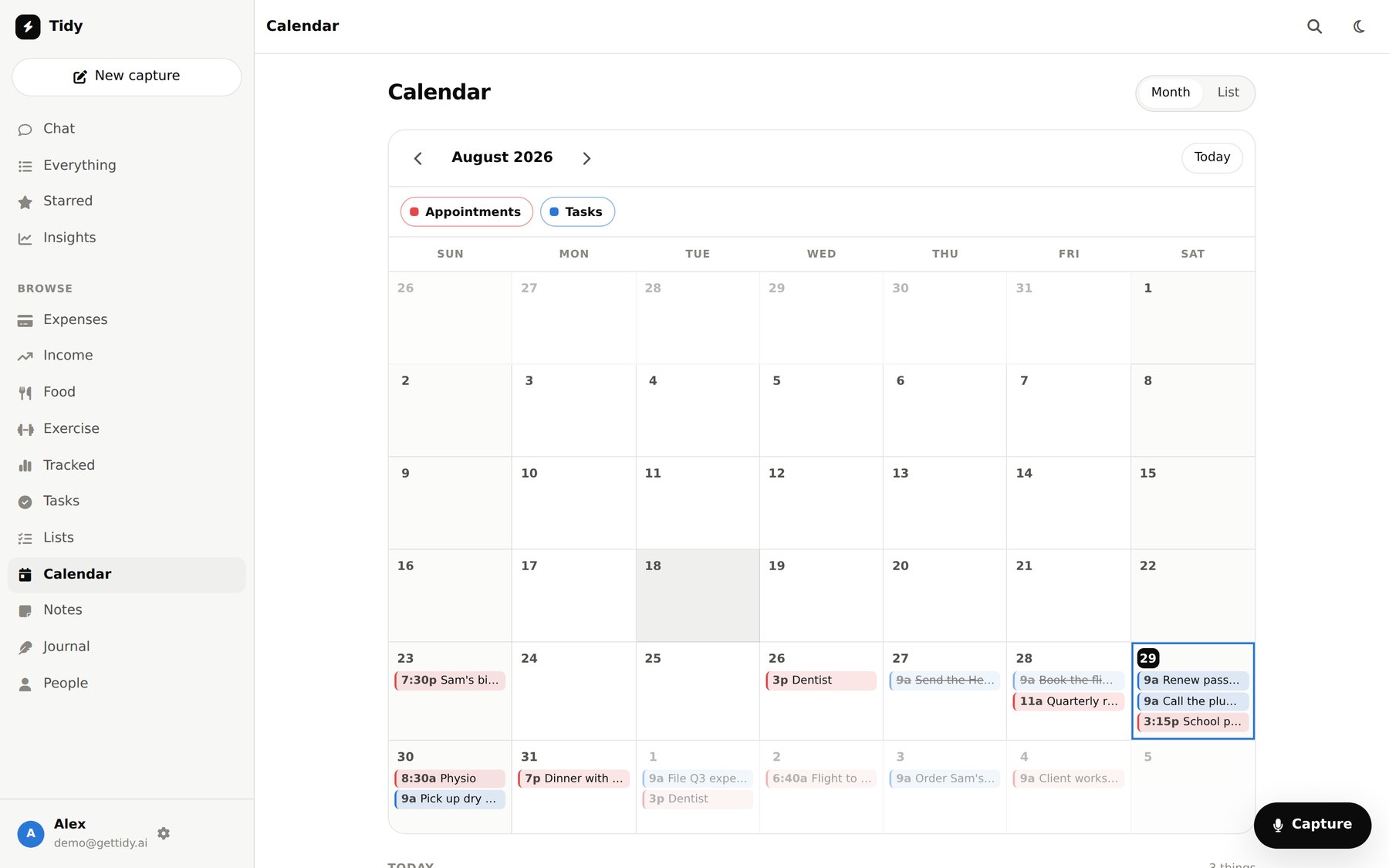 A month grid with appointments and tasks on the days they fall on.